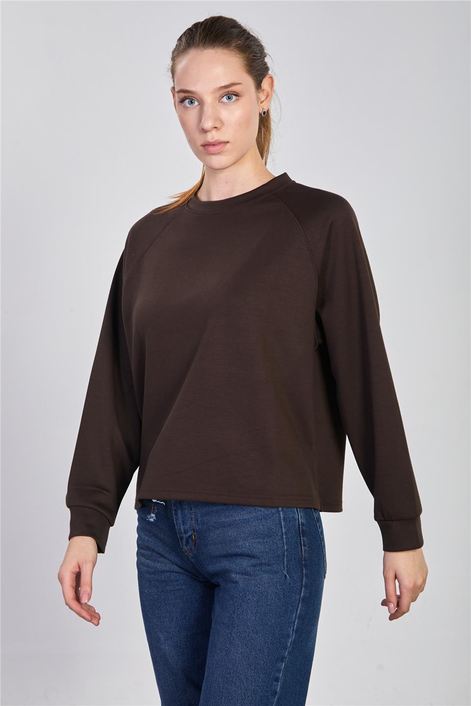 Kadın Reglon Kol Bisiklet Yaka Sweatshirt - Kahve