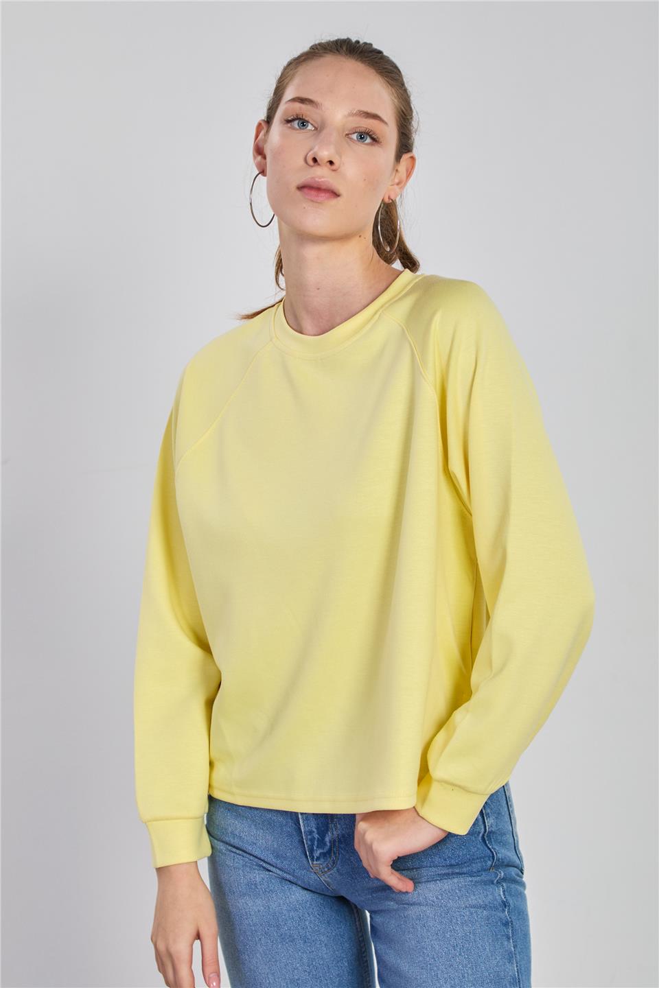 Kadın Reglon Kol Bisiklet Yaka Sweatshirt - Açık Sarı