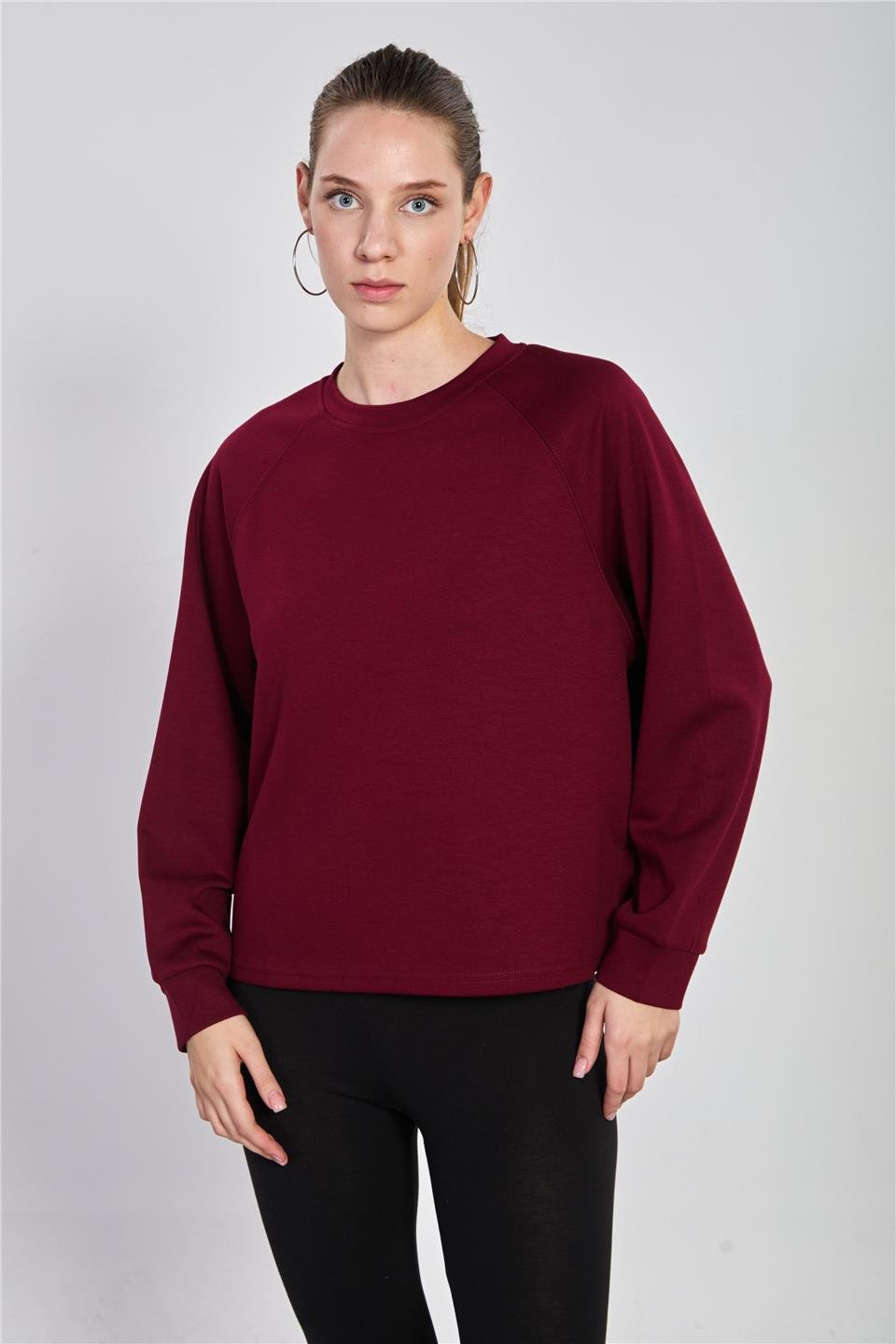 Kadın Reglon Kol Bisiklet Yaka Sweatshirt - Bordo
