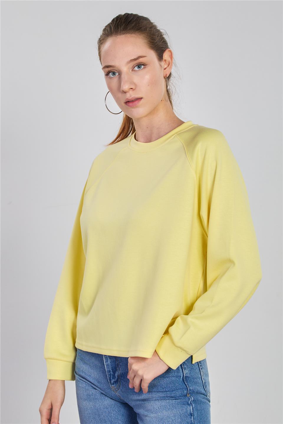 Kadın Reglon Kol Bisiklet Yaka Sweatshirt - Açık Sarı