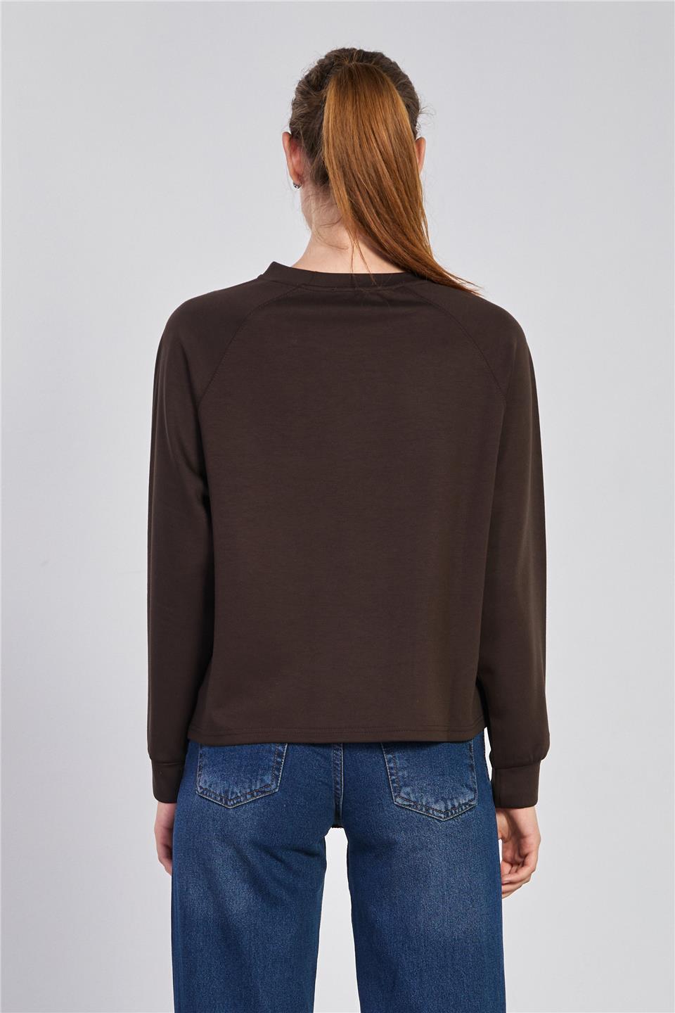 Kadın Reglon Kol Bisiklet Yaka Sweatshirt - Kahve