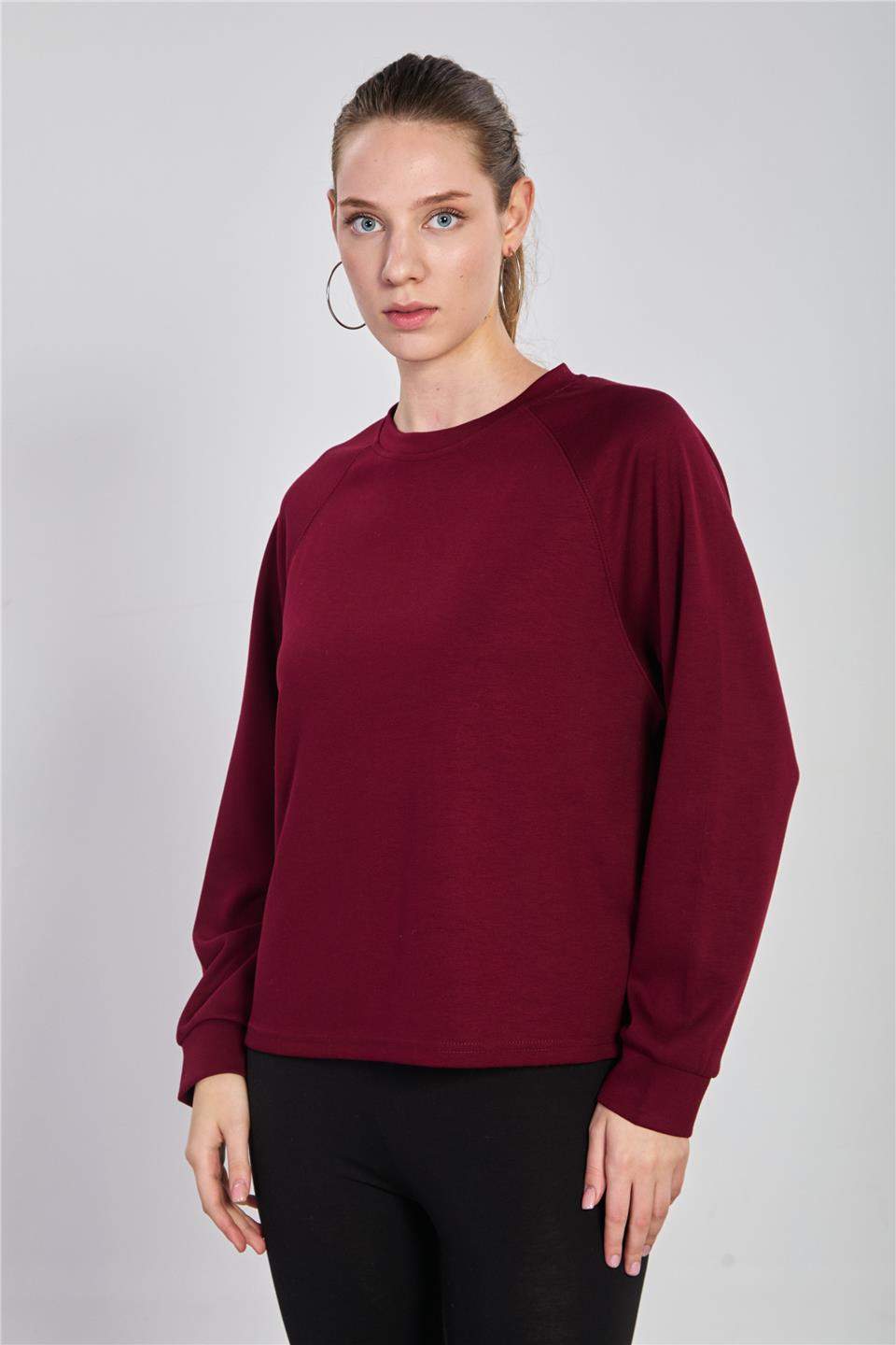Kadın Reglon Kol Bisiklet Yaka Sweatshirt - Bordo