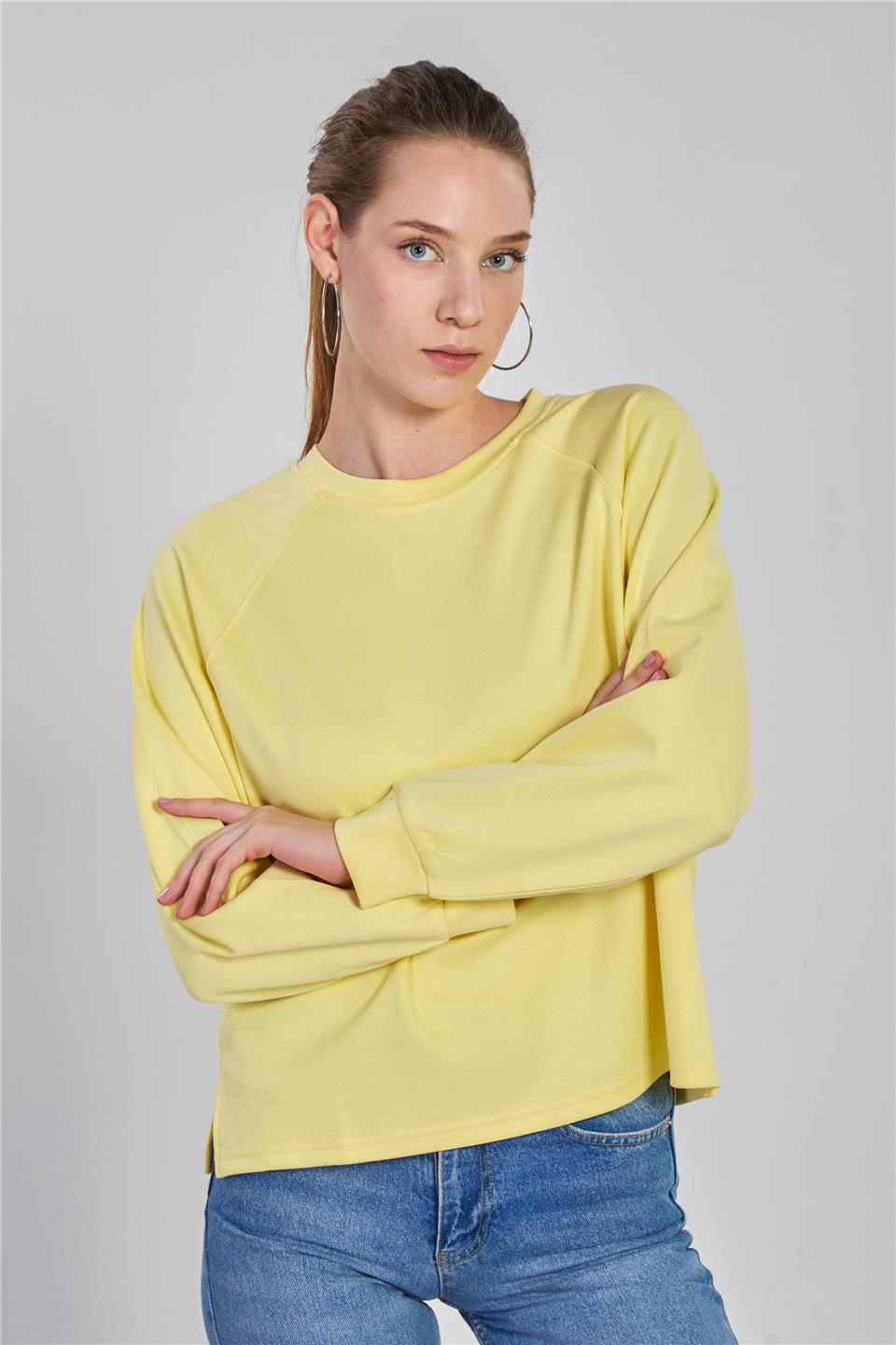 Kadın Reglon Kol Bisiklet Yaka Sweatshirt - Açık Sarı