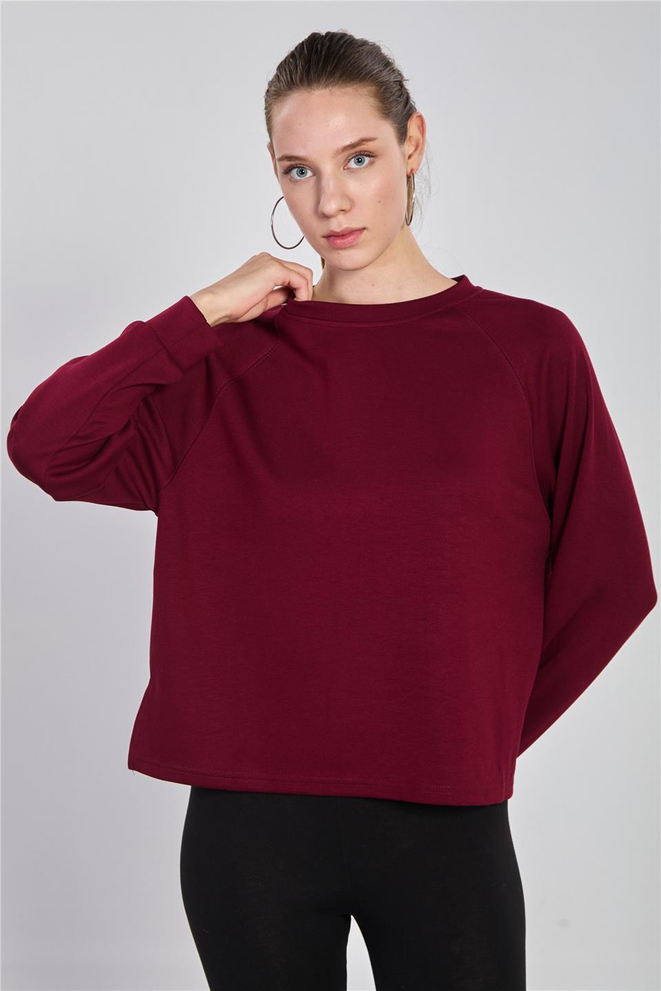 Kadın Reglon Kol Bisiklet Yaka Sweatshirt - Bordo