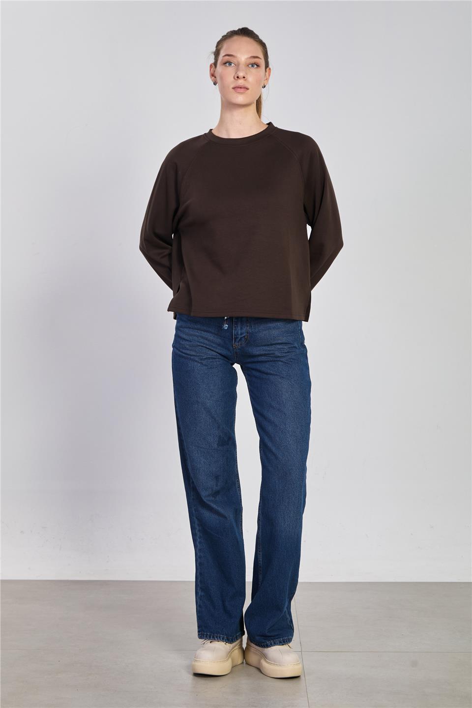 Kadın Reglon Kol Bisiklet Yaka Sweatshirt - Kahve