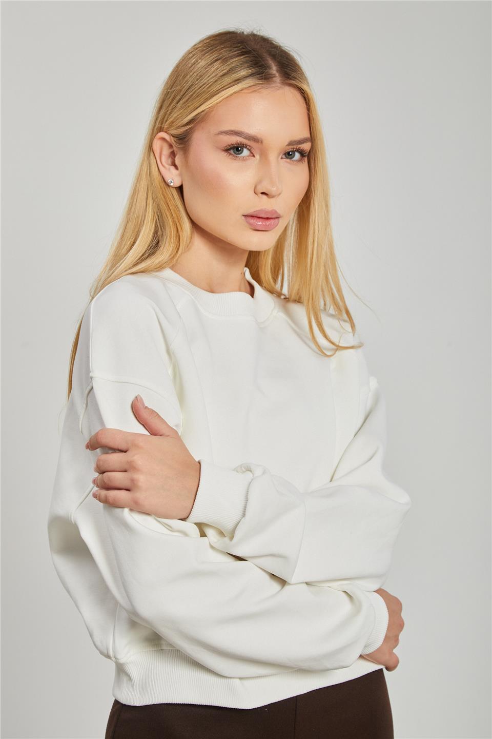 Kadın Reglon Kol Kısa Sweatshirt - Ekru