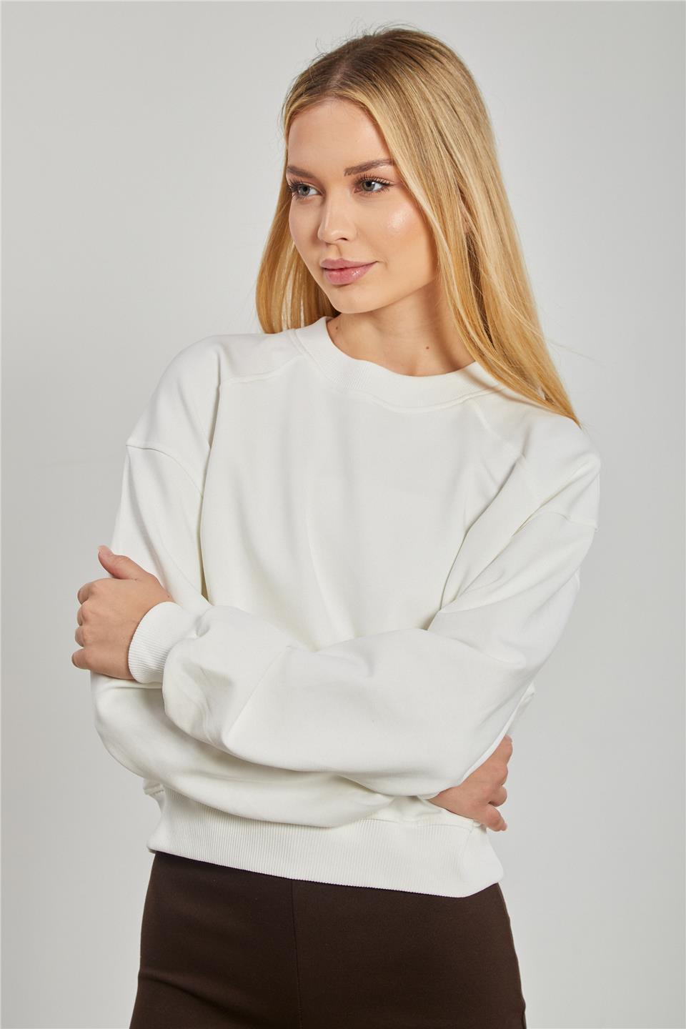Kadın Reglon Kol Kısa Sweatshirt - Ekru