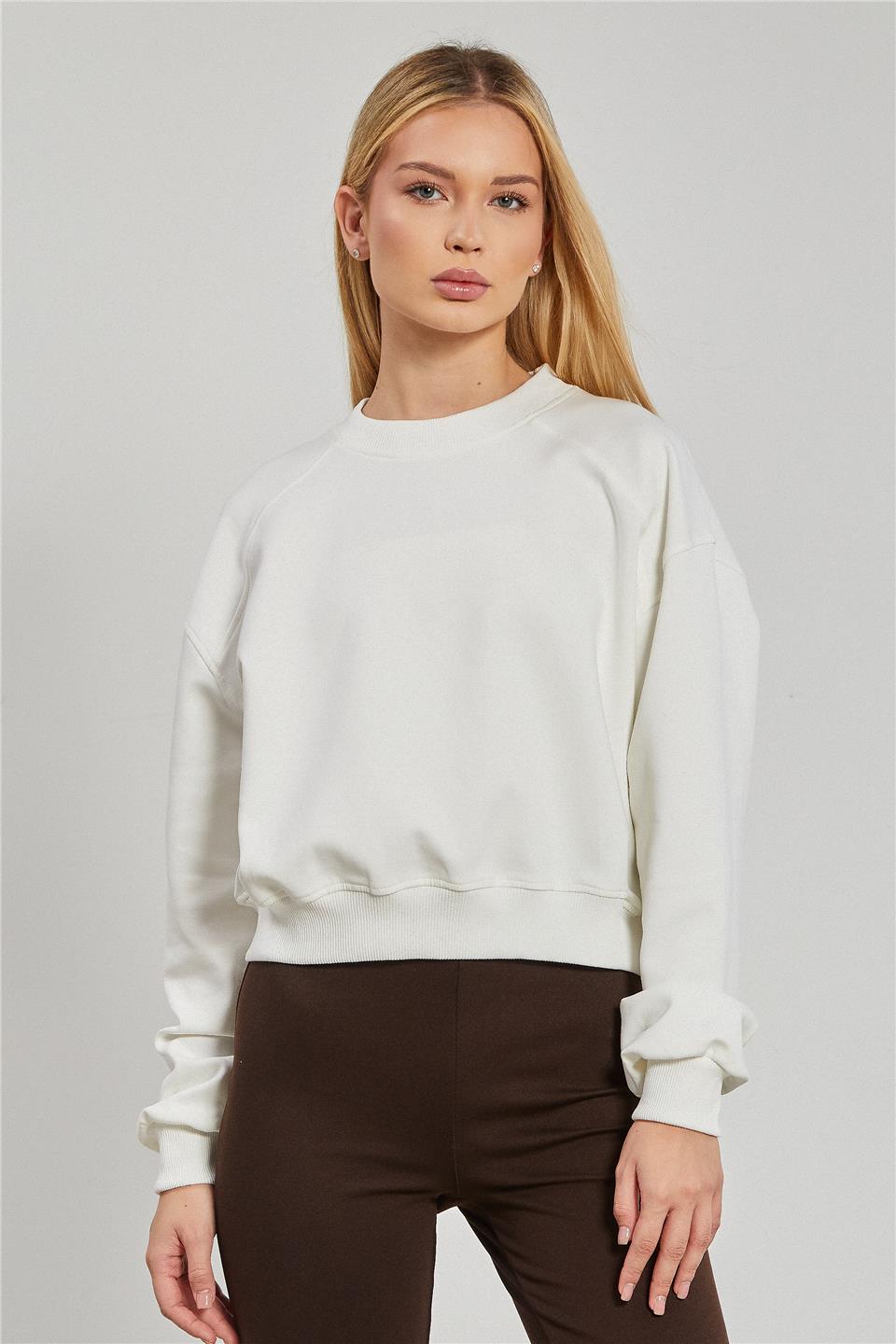 Kadın Reglon Kol Kısa Sweatshirt - Ekru