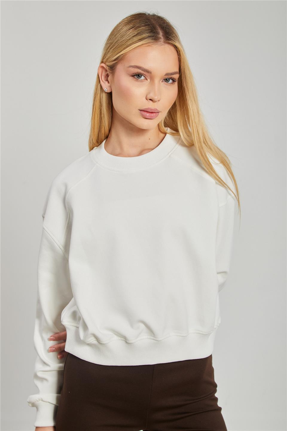 Kadın Reglon Kol Kısa Sweatshirt - Ekru