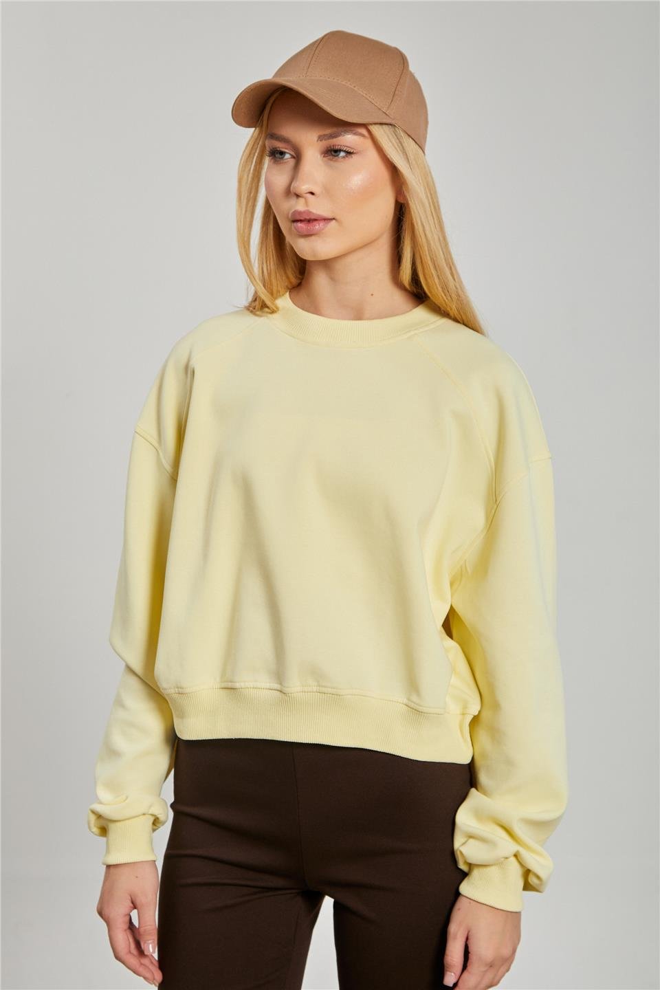 Kadın Reglon Kol Kısa Sweatshirt - Sarı