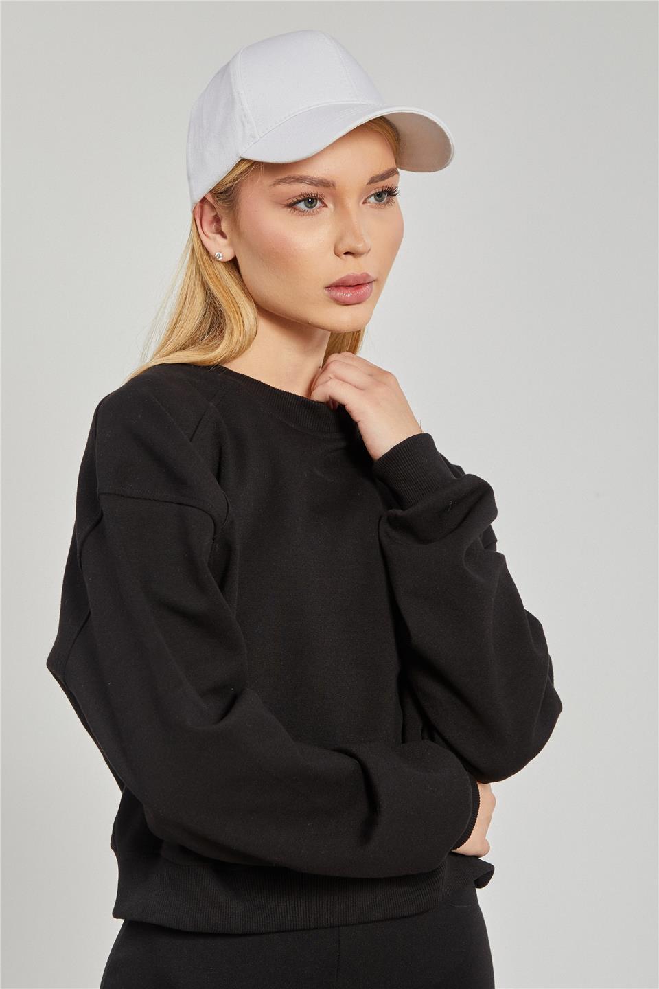 Kadın Reglon Kol Kısa Sweatshirt - Siyah