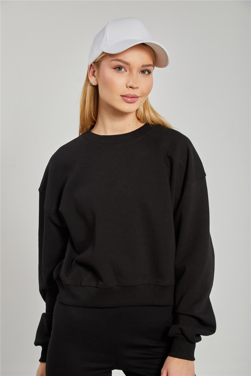Kadın Reglon Kol Kısa Sweatshirt - Siyah