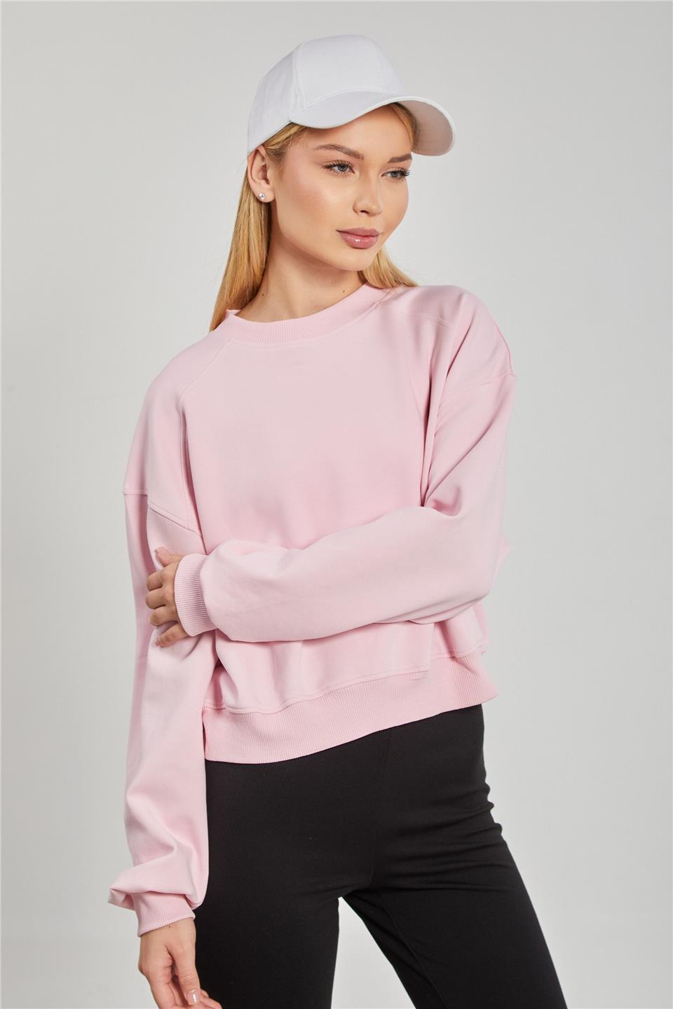 Kadın Reglon Kol Kısa Sweatshirt - Toz Pembe