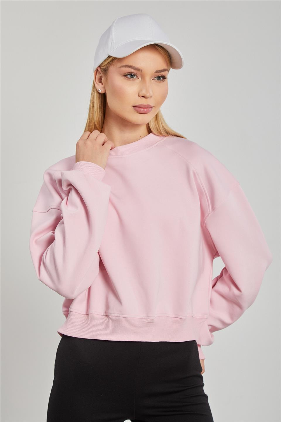 Kadın Reglon Kol Kısa Sweatshirt - Toz Pembe