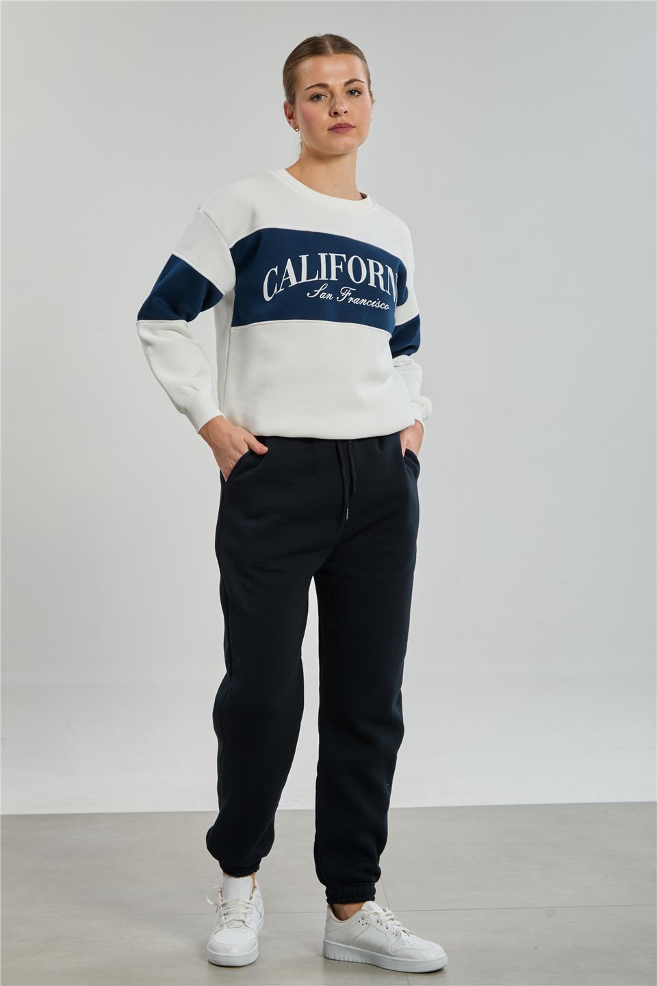 Kadın Renk Garnili California Baskılı Sweatshirt - Ekru/Lacivert 