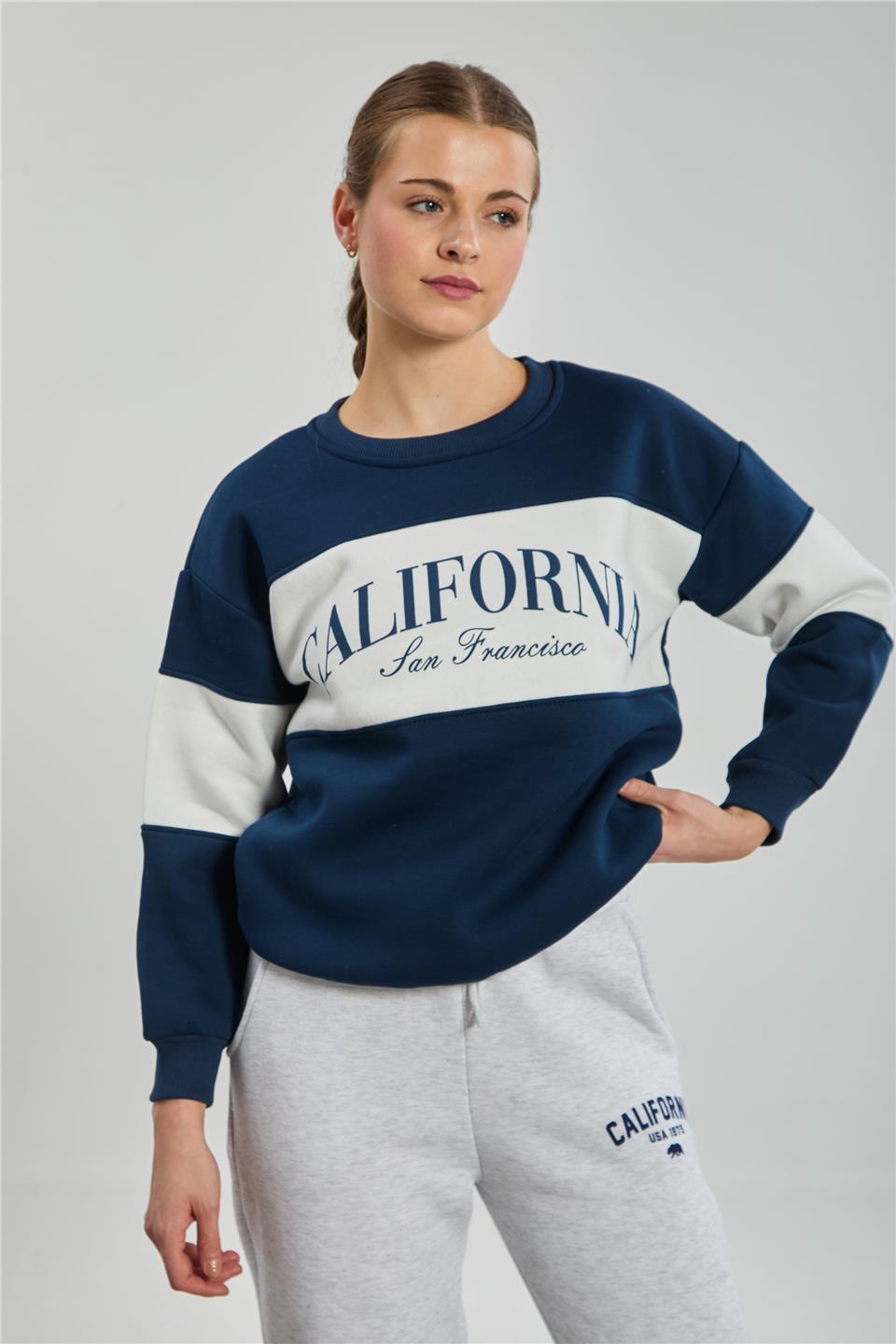 Kadın Renk Garnili Clifornia Baskılı Sweatshirt - Lacivert/Ekru