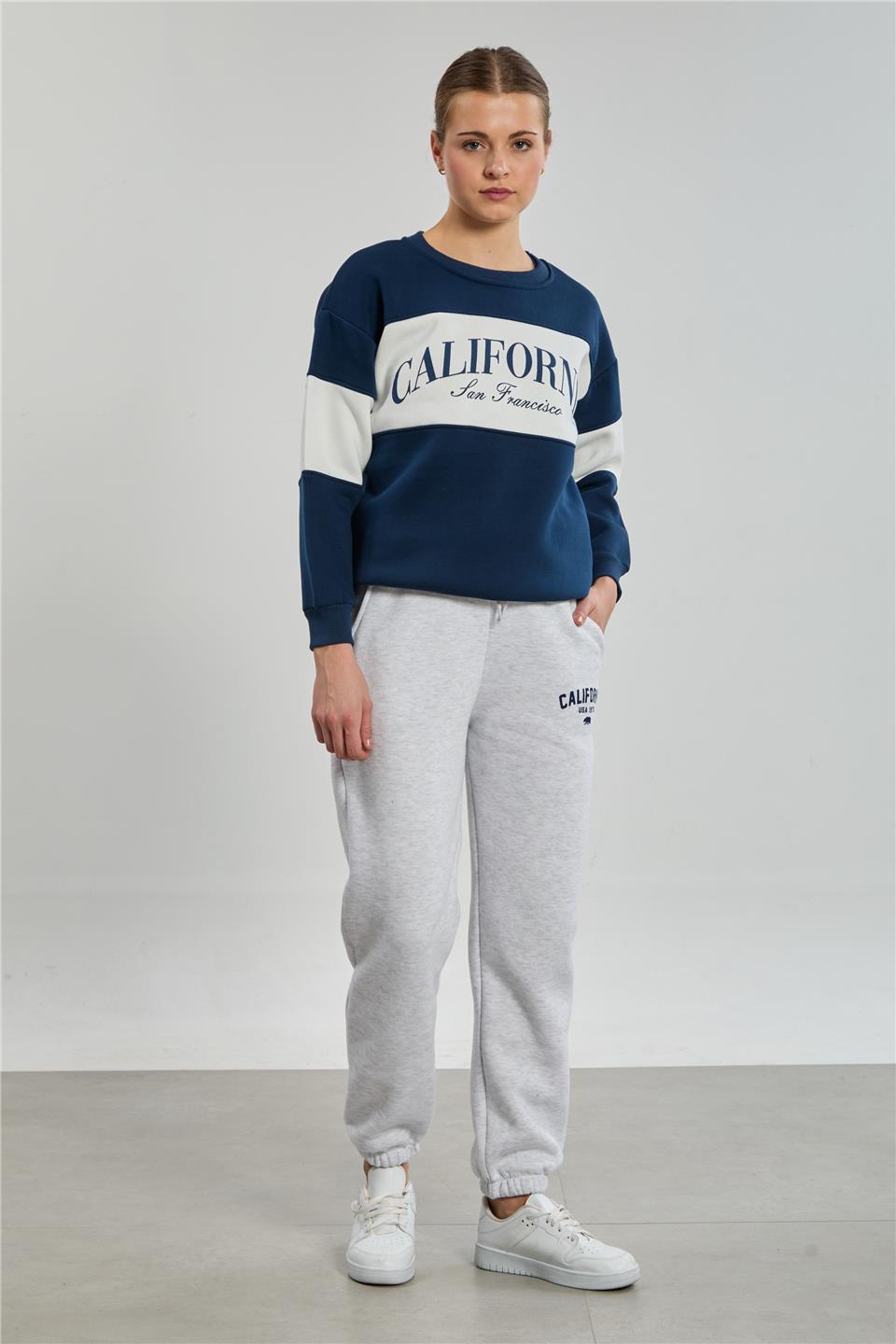 Kadın Renk Garnili Clifornia Baskılı Sweatshirt - Lacivert/Ekru