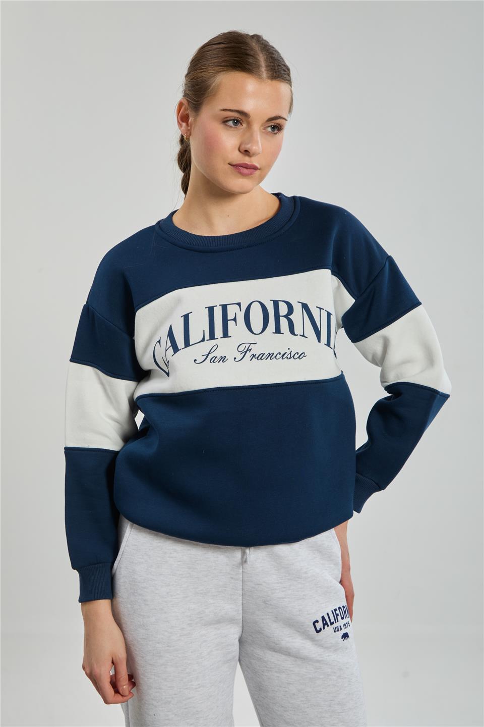Kadın Renk Garnili Clifornia Baskılı Sweatshirt - Lacivert/Ekru