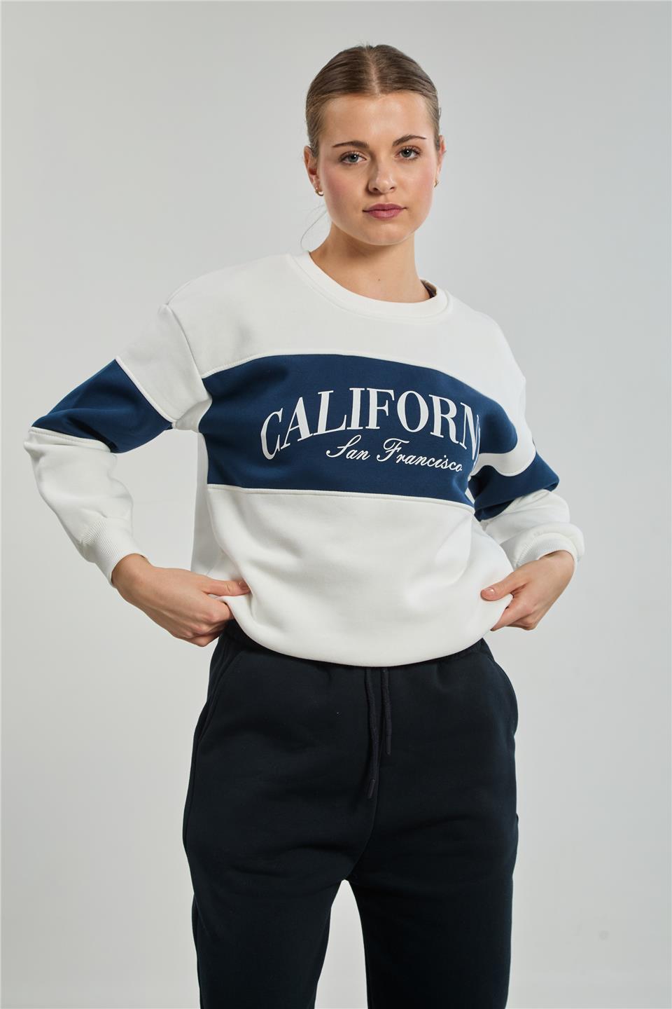 Kadın Renk Garnili California Baskılı Sweatshirt - Ekru/Lacivert 