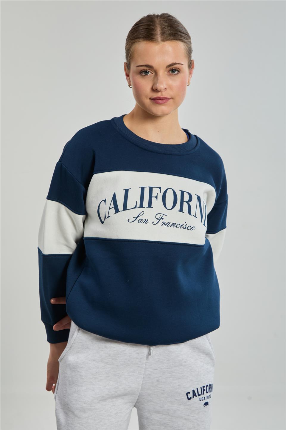 Kadın Renk Garnili Clifornia Baskılı Sweatshirt - Lacivert/Ekru