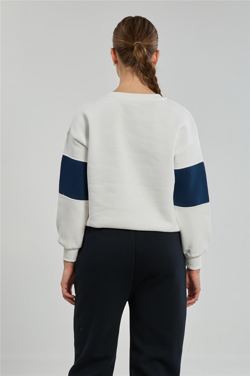 Kadın Renk Garnili California Baskılı Sweatshirt - Ekru/Lacivert 