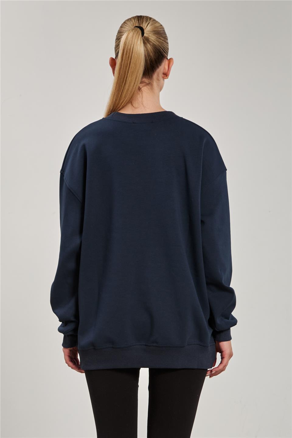Kadın Ribanalı Bisiklet Yaka Oversize Sweatshirt - Lacivert