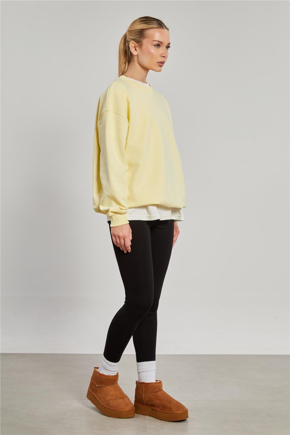 Ribanalı Bisiklet Yaka Oversize Kadın Sweatshirt - Sarı