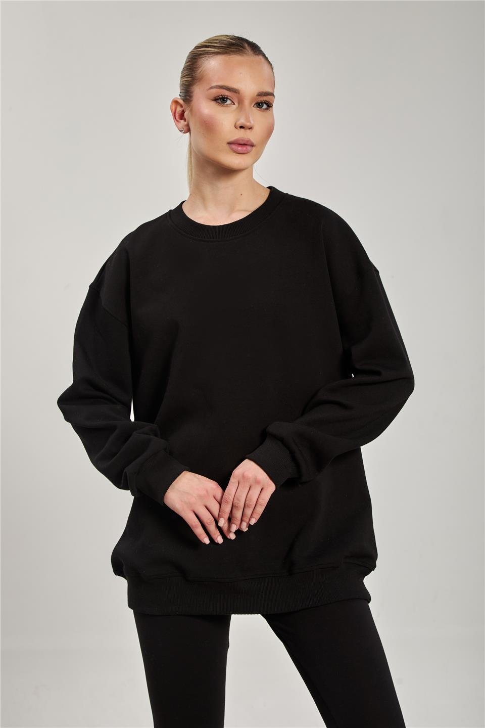 Kadın Ribanalı Bisiklet Yaka Oversize Sweatshirt - Siyah