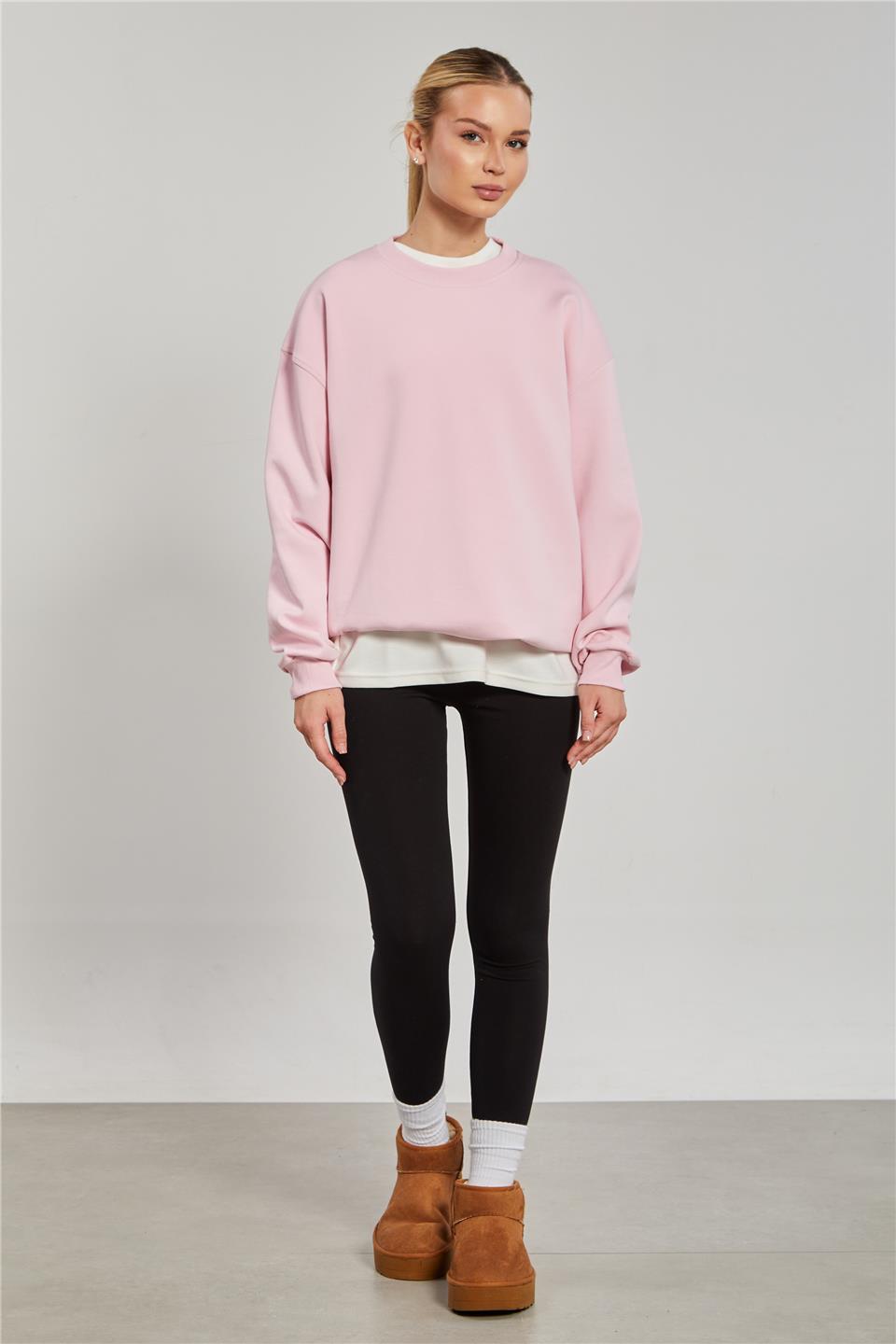 Ribanalı Bisiklet Yaka Oversize Kadın Sweatshirt - Pembe