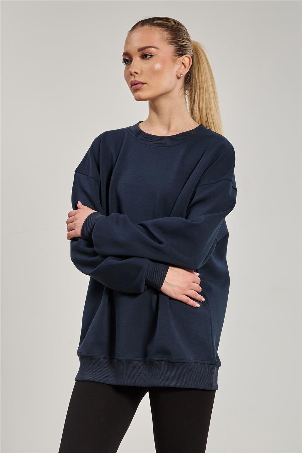 Kadın Ribanalı Bisiklet Yaka Oversize Sweatshirt - Lacivert