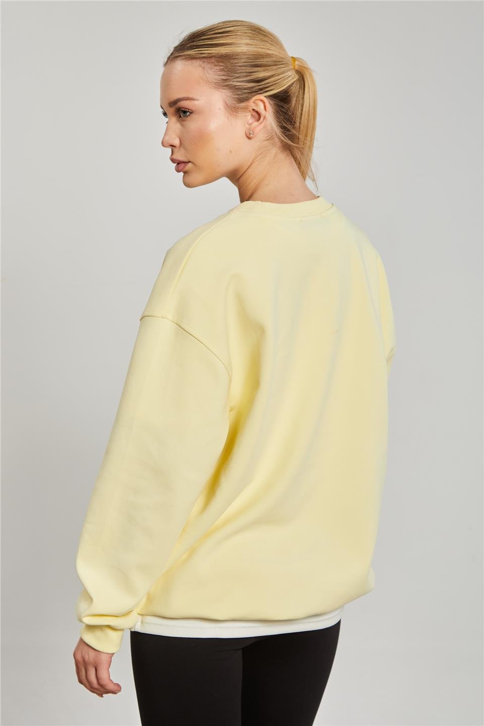 Ribanalı Bisiklet Yaka Oversize Kadın Sweatshirt - Sarı