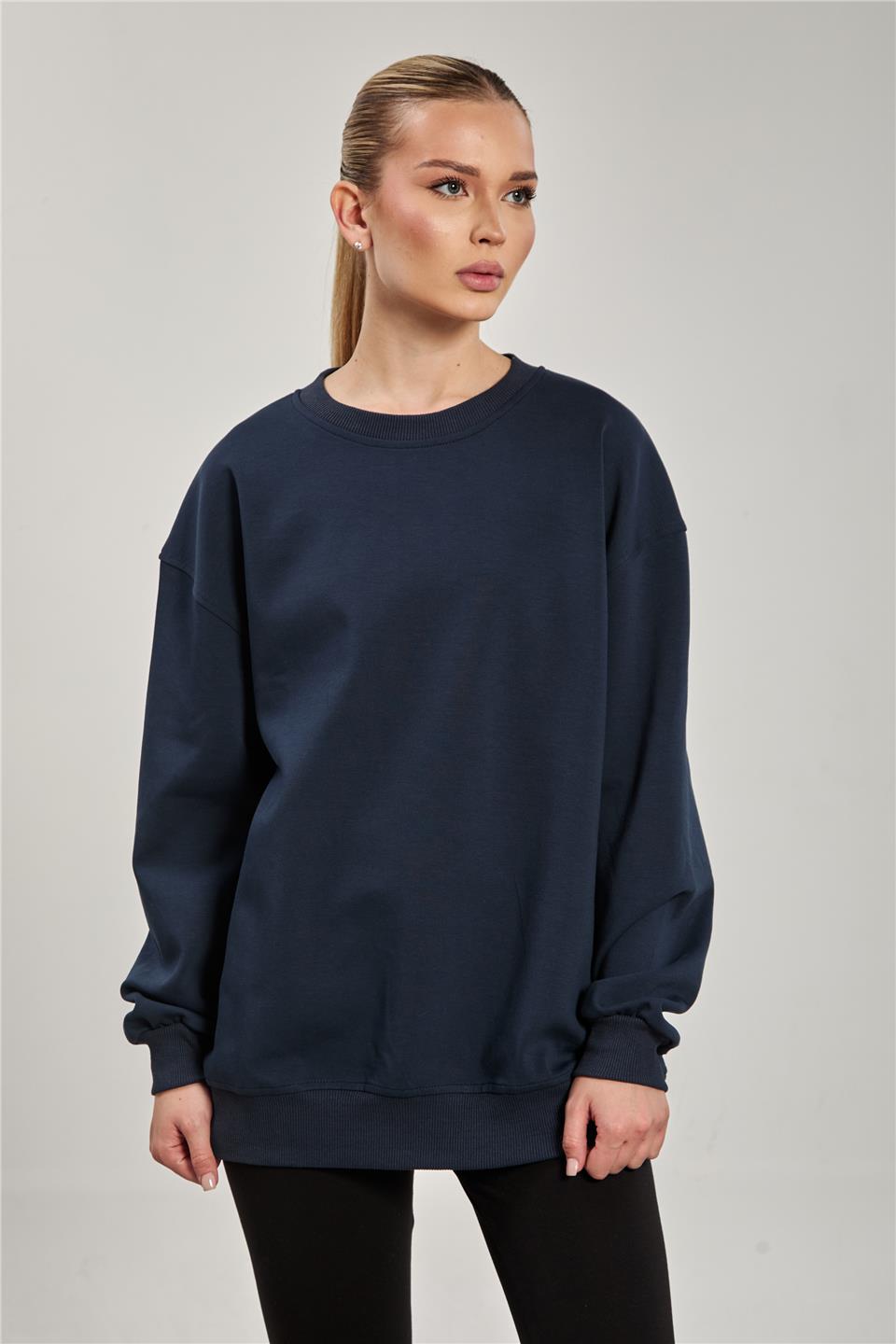 Kadın Ribanalı Bisiklet Yaka Oversize Sweatshirt - Lacivert