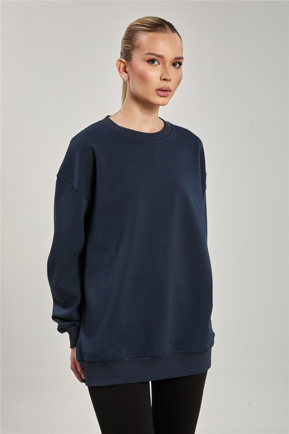 Kadın Ribanalı Bisiklet Yaka Oversize Sweatshirt - Lacivert