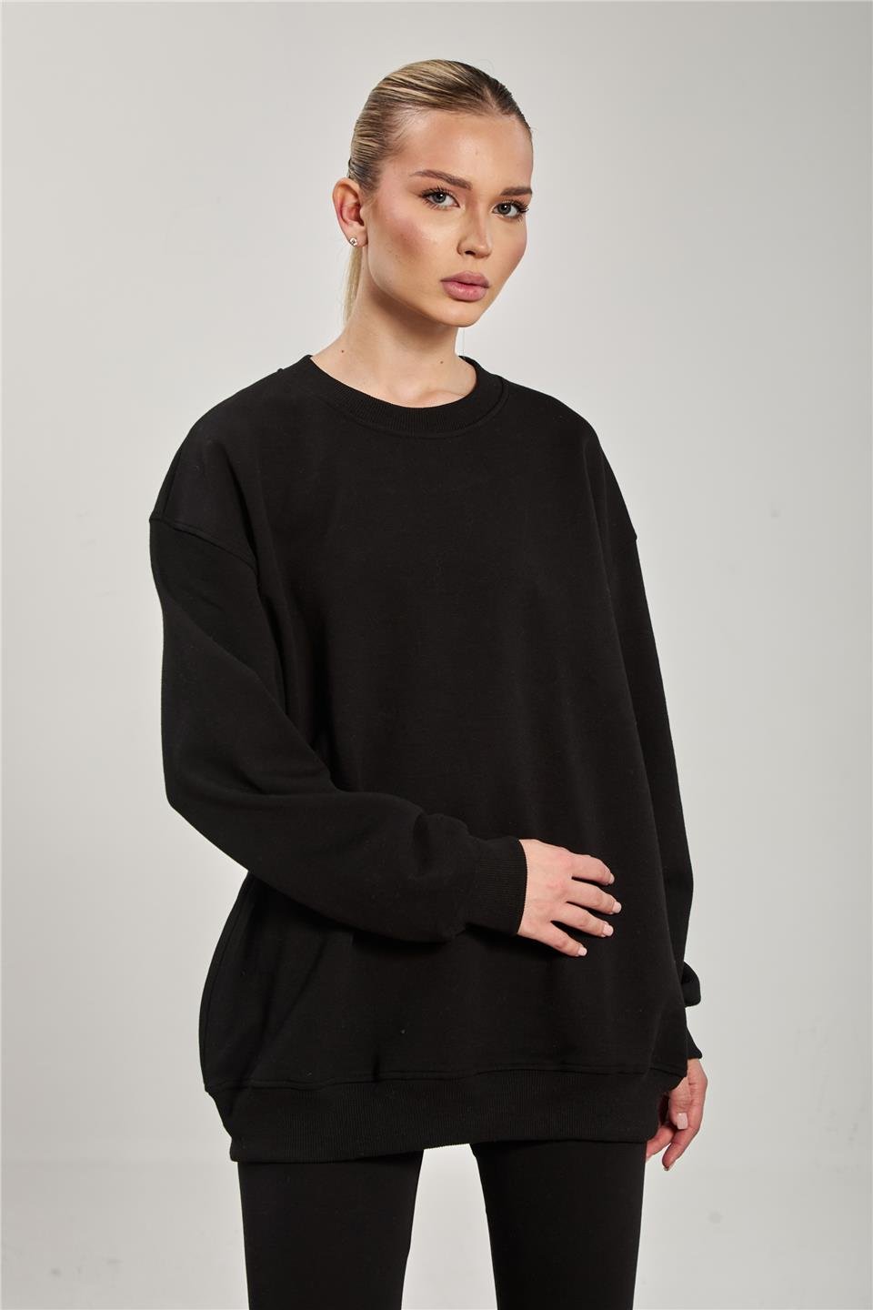 Kadın Ribanalı Bisiklet Yaka Oversize Sweatshirt - Siyah