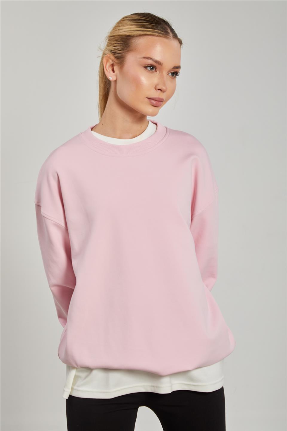Ribanalı Bisiklet Yaka Oversize Kadın Sweatshirt - Pembe