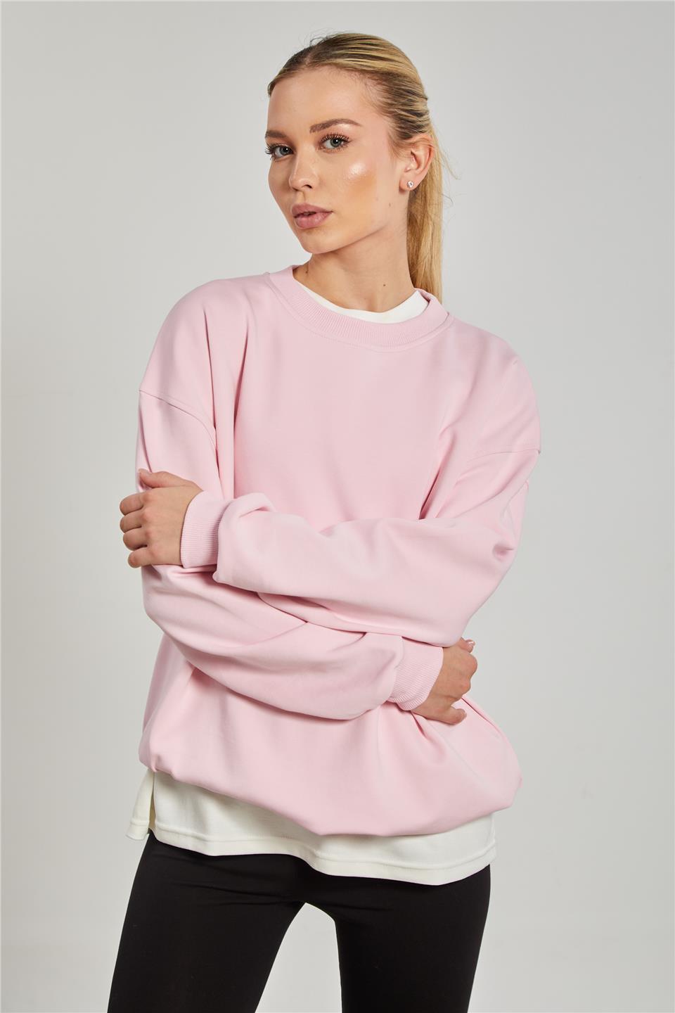 Ribanalı Bisiklet Yaka Oversize Kadın Sweatshirt - Pembe