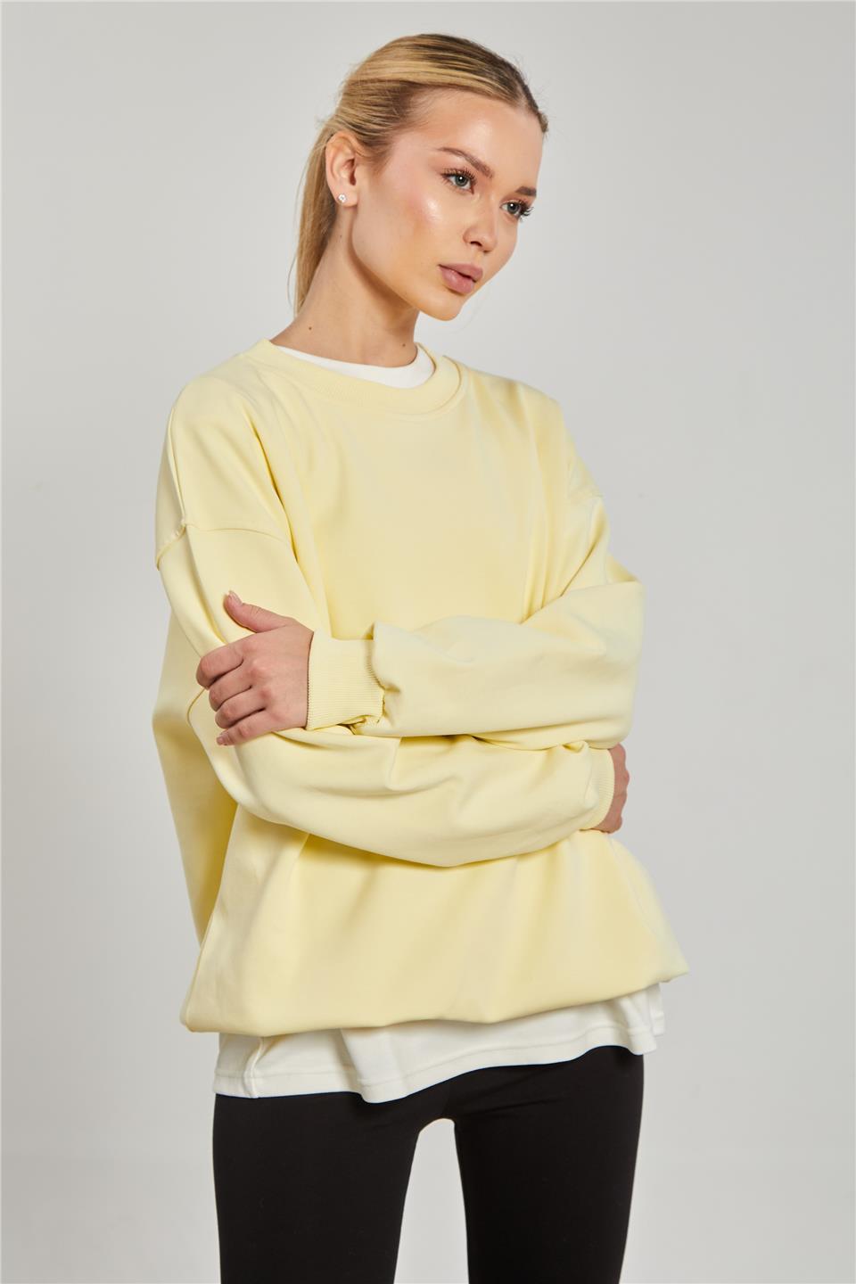 Ribanalı Bisiklet Yaka Oversize Kadın Sweatshirt - Sarı