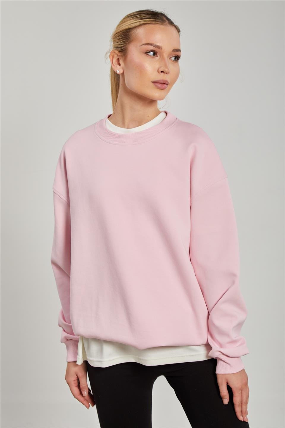 Ribanalı Bisiklet Yaka Oversize Kadın Sweatshirt - Pembe
