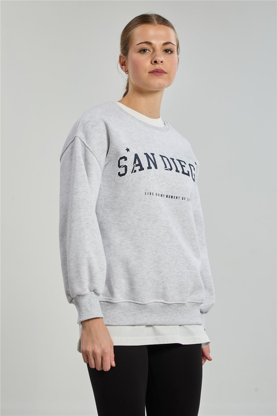 Kadın San Diego Baskılı Sweatshirt - Kar Melanj