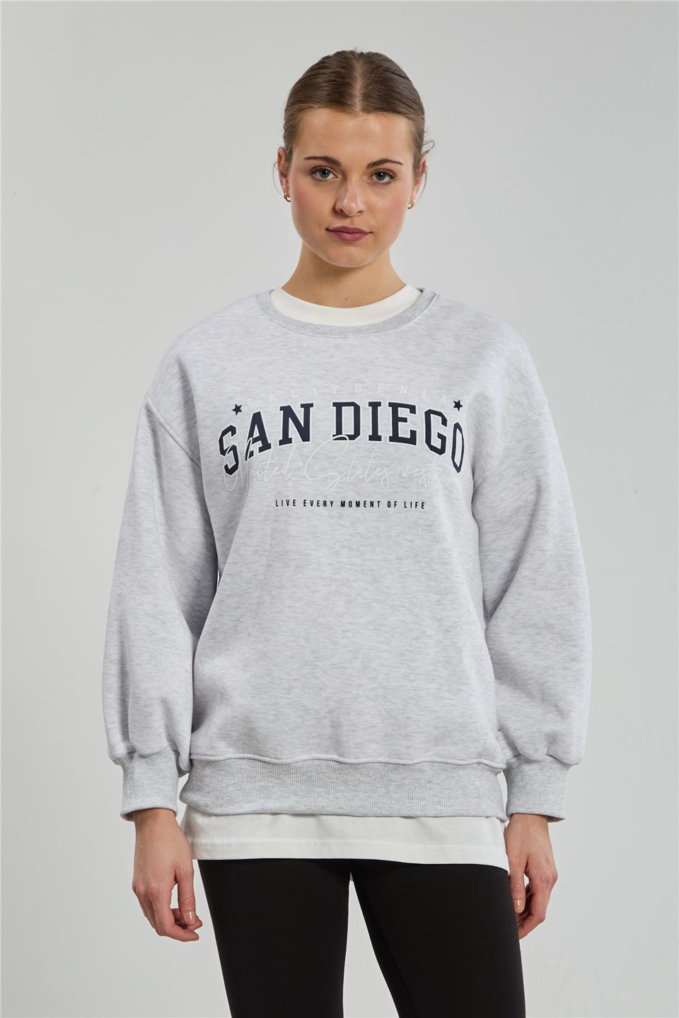 Kadın San Diego Baskılı Sweatshirt - Kar Melanj