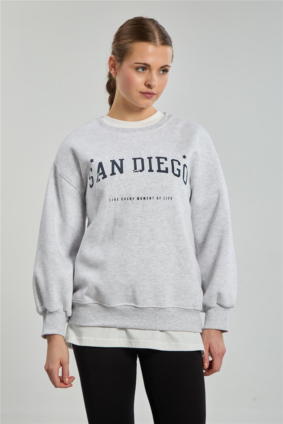 Kadın San Diego Baskılı Sweatshirt - Kar Melanj