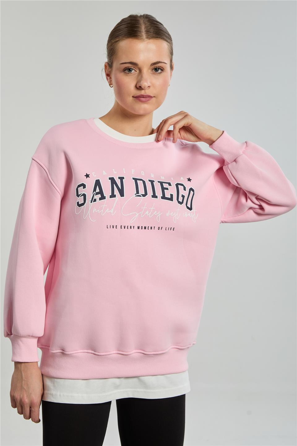 Kadın San Diego Baskılı Sweatshirt - Şeker Pembe