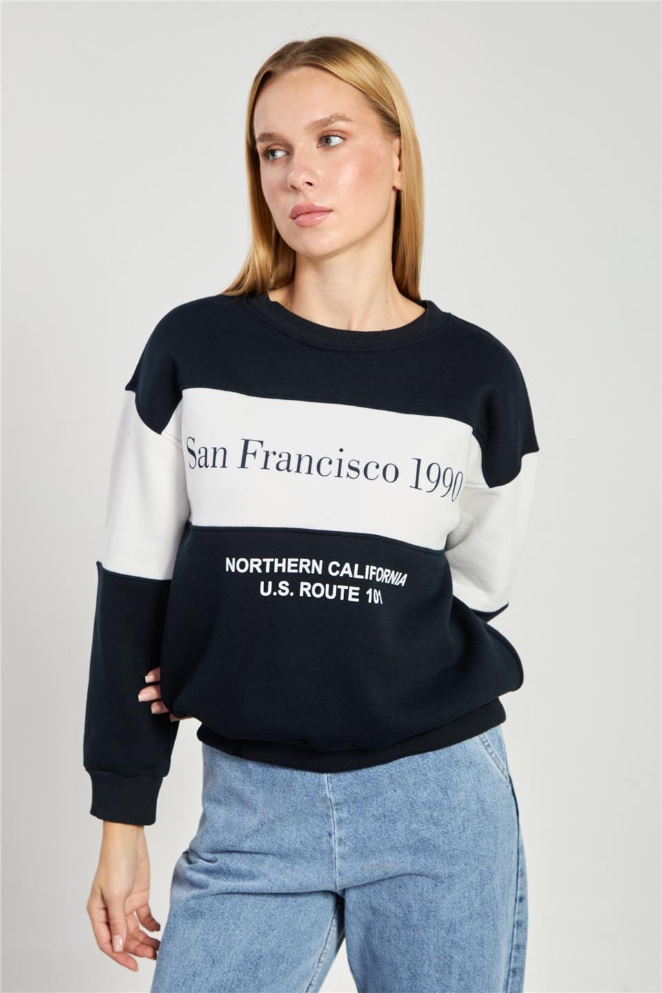 Kadın San Francisco Yazılı Garnili Sweatshirt - Lacivert Ekru