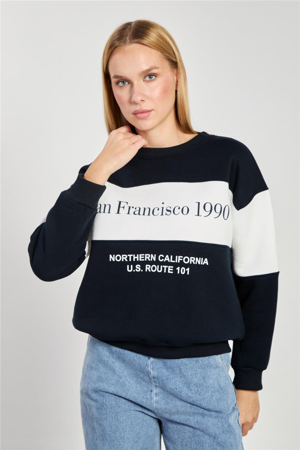 Kadın San Francisco Yazılı Garnili Sweatshirt - Lacivert Ekru