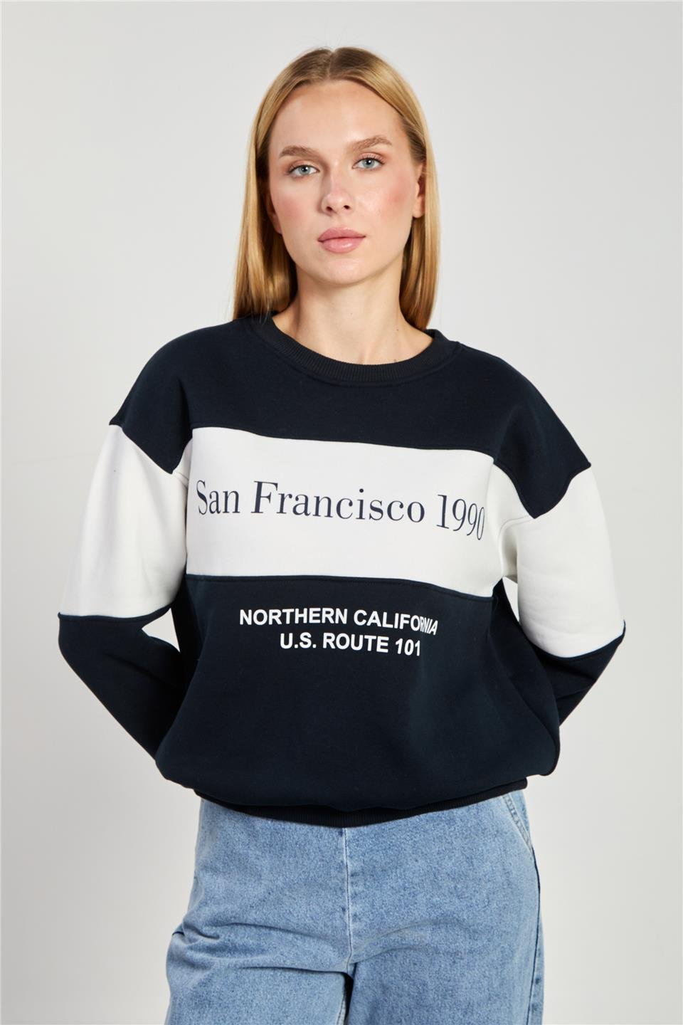 Kadın San Francisco Yazılı Garnili Sweatshirt - Lacivert Ekru