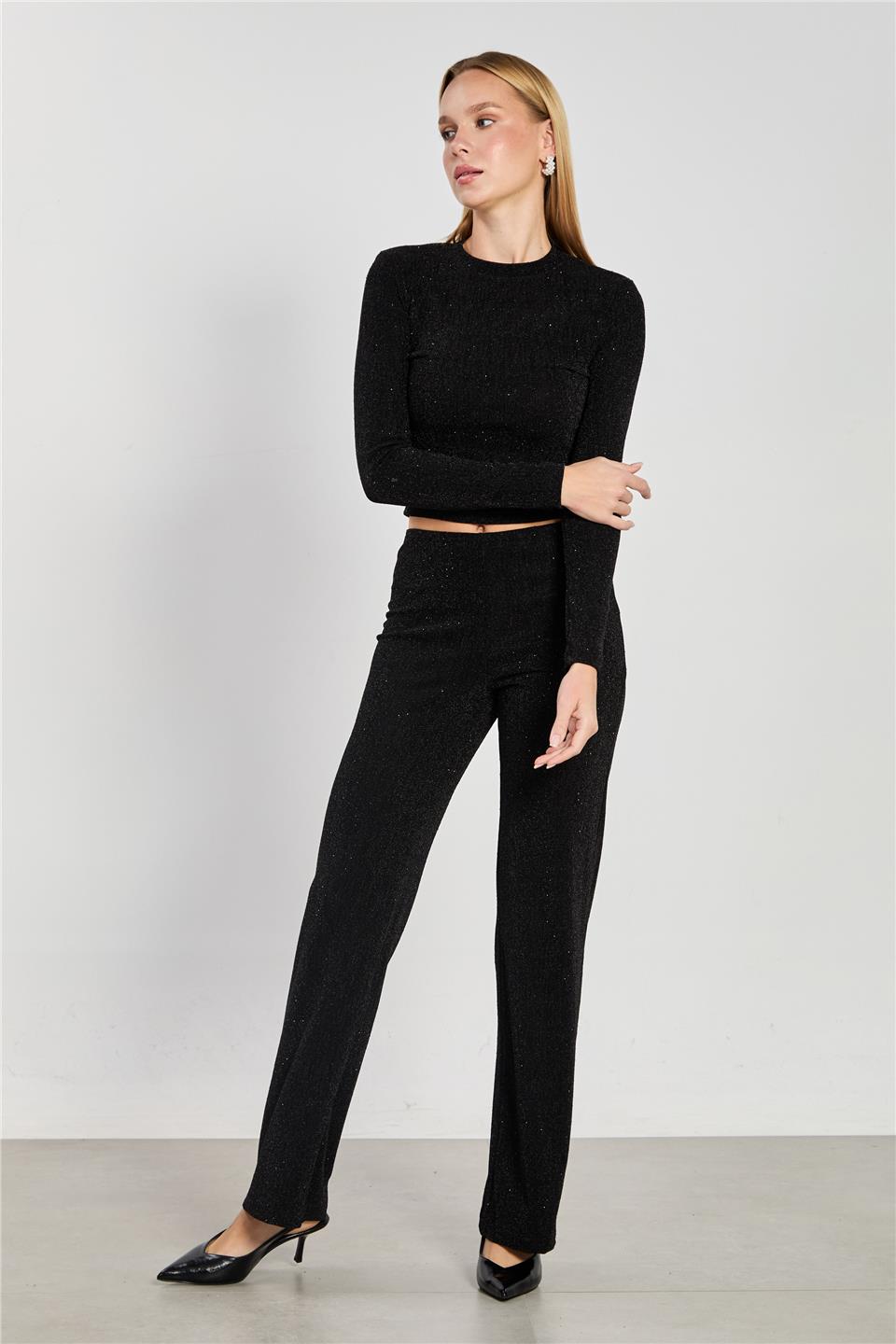 Kadın Simli Bol Paça Pantolon - Siyah