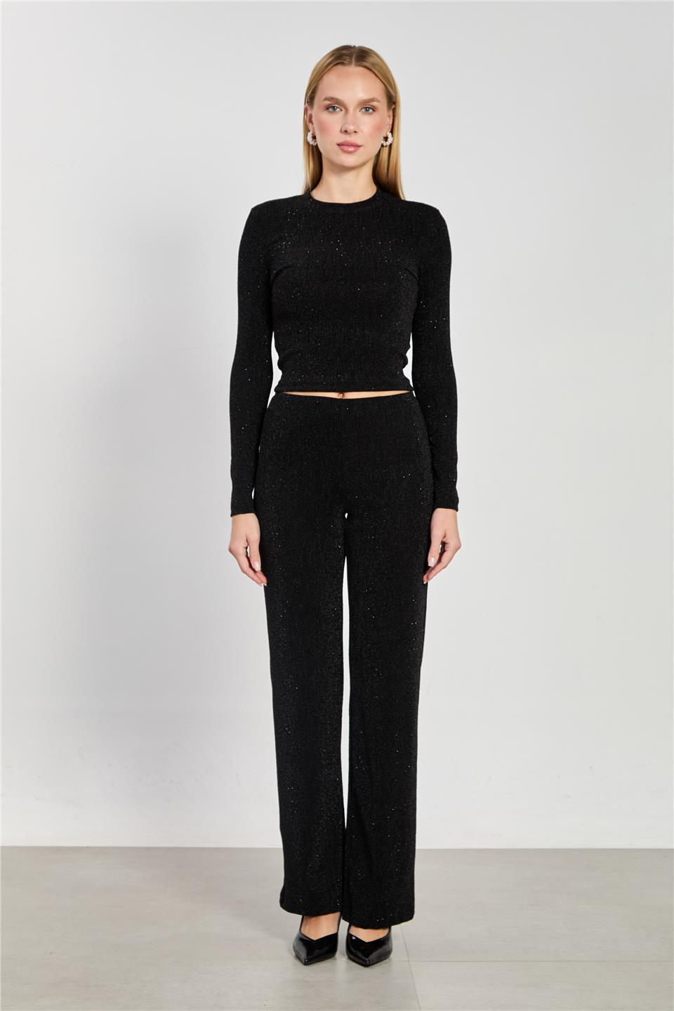 Kadın Simli Bol Paça Pantolon - Siyah