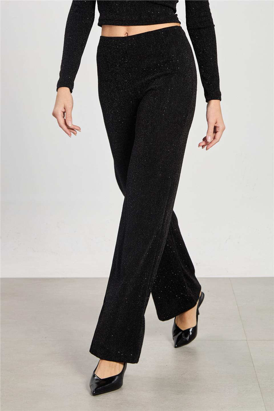 Kadın Simli Bol Paça Pantolon - Siyah