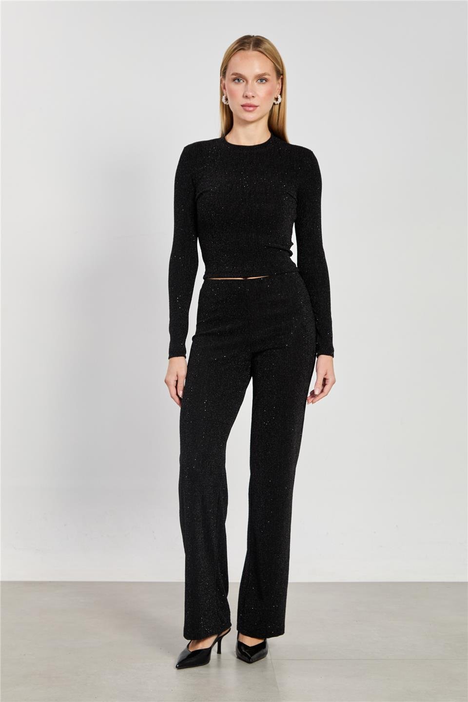 Kadın Simli Bol Paça Pantolon - Siyah