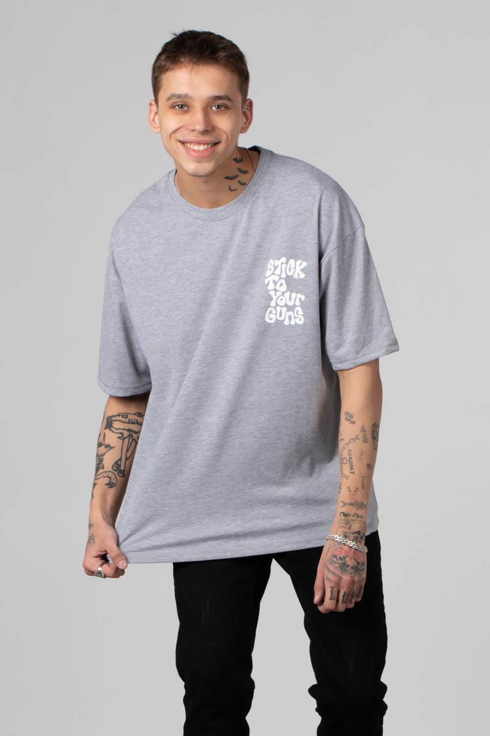 Stıck baskılı oversize t-shirt-5014 Gri Melanj